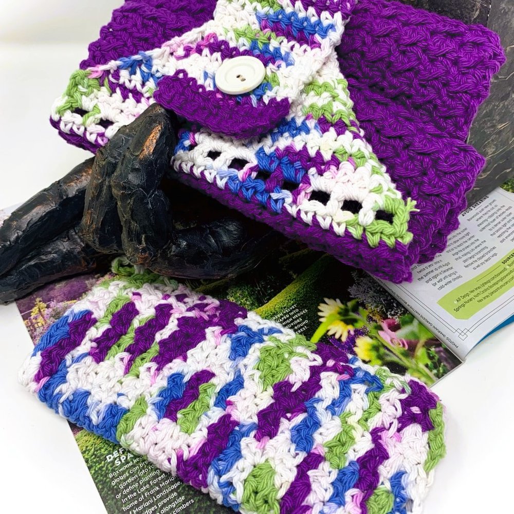 Farmhouse Style Handmade Crochet Purple/Blue/White Hanging Towel/Dishcloth Set